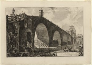 Udsigt over Ponte Molle [eller Milvian Bridge] over Tiberen to miles uden for Rom, fra udsigt over Rom af Giovanni-Battista Piranesi