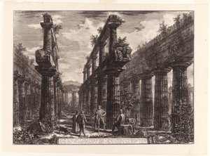 Udsigt over resterne af de to rækker af søjler i Neptuntemplet, som [oprindeligt] dannede søjlegange langs siderne af cellaen og understøttede den øverste del af taget, fra Forskellige udsigter over Paestum af Giovanni Battista Piranesi