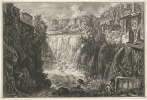 Waterval i Tivoli Udsigt over Tivoli-vandfaldet (titel på objekt) Gezichten op Rom (serietitel) Udsigt over Rom designet og indgraveret af Giambattista Piranesi-arkitekten Ve (nez) iano (serietitel) af Giovanni-Battista Piranesi