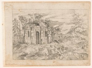Landskab med antikt tempel med karyatider af Giovanni Battista Pittoni (I) (attributed to)