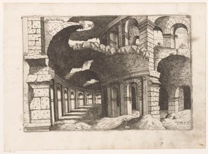 Udsigt i Colosseum i Rom Colossaei ro pros.us (titel på objekt) Romerske ruiner (serietitel) Nogle vigtige monumenter fra romersk oldtid (...) (serietitel)