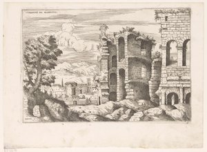 Se på Colosseum og omgivelserne i Rom Colosseum ro prospekt (titel på objekt) Romerske ruiner (serietitel) Nogle vigtige monumenter fra den romerske oldtid (...) (serietitel)