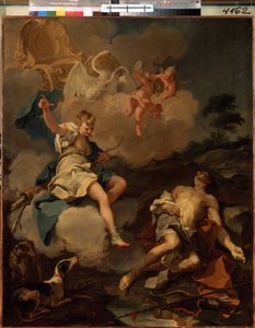 Diana og Endymion (Diana og Endymion). I græsk mytologi besøger Diana (Artemis) Endymion om natten og falder i en evig søvn bare for at betragte sin skønhed. Maleri af Giambattista (Giovan Battista) (Giovanni Battista) Pitton