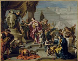 Afrikaneren Scipion (Publius Cornelius Scipio Africanus) (235-183 f.Kr.) hylder guden Mars (Scipio hylder Mars) - Maleri af Giovan Battista Pittoni (1687-1767), olie på lærred (71,7x91,1 cm) - Privat samling