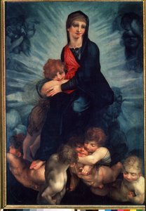 Jomfruen og barnet med engle (Jomfruen og barnet med engle). Maleri af Fiorentino Rosso (1495-1540). Olie på lærred af Giovanni Battista Rosso Fiorentino