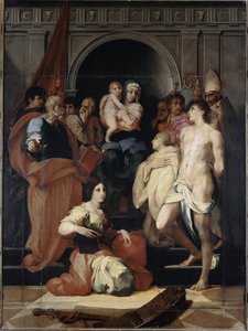 Madonna på tronen har barnet og helgenerne (olie på lærred af Giovanni Battista Rosso Fiorentino
