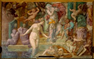 School of Fontainebleau: Venus ved springvandet. Maleri af Giovanni Battista af Jacopo Rosso (1494-1541)