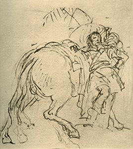 En rytter lænet sig op ad sin hest, c1740