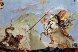 Bellerophon, rider Pegasus, dræber Chimaera, detalje af loftfrescoen se også 64554 af Giovanni Battista Tiepolo