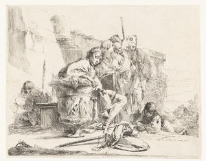 Dreng sidder ved siden af en vase med nogle andre mennesker af Giovanni-Battista Tiepolo