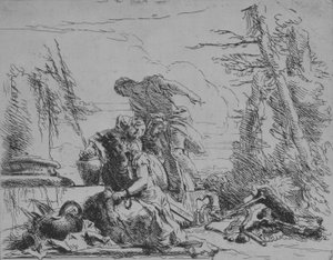 Lænket kvinde og andre figurer angående en knoglepyre, fra Capricci, 1743. af Giovanni Battista Tiepolo