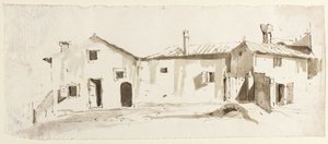 Landbrugsbygninger med åbne døre, bro og port af Giovanni Battista Tiepolo