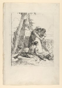 Tryllekunstner peger på et brændende hoved til to unge fra Scherzi, ca. 1743-50. af Giovanni Battista Tiepolo