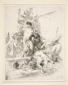 Punchinello taler med de to tryllekunstnere, fra serien Scherzi di Fantasia af Giovanni-Battista Tiepolo