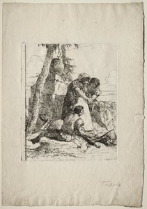Scherzi di Fantasia: Tryllekunstner, der peger på et brændende hoved til to unge af Giovanni Battista Tiepolo