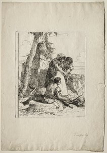 Scherzi di Fantasia: Tryllekunstner der peger på et brændende hoved til to unge, 1750