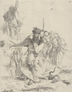 Seks personer ser på en slange fra Scherzi, ca. 1743-50. af Giovanni Battista Tiepolo
