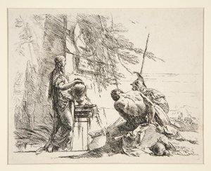Stående kvinde og siddende mand foran en obelisk, fra serien Vari Capricci af Giovanni Battista Tiepolo