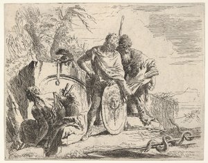 Tre figurer og en slange viklet rundt om en stav, omgivet af et landskab, ce..., 1700-tallet. af Giovanni Battista Tiepolo