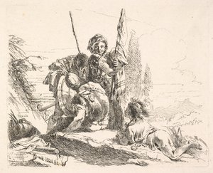 Tre soldater og en ung liggende på underlivet i et landskab, soldaterne bærer en..., ca. 1740-42. af Giovanni Battista Tiepolo