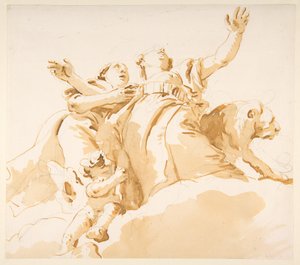 Zwei Frauen, ein Löwe und ein Putto auf Wolken af Giovanni Battista Tiepolo