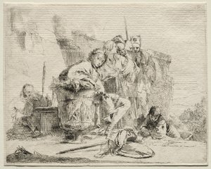 Forskellige luner: Ung mand siddende, lænet op ad en urne. af Giovanni Battista Tiepolo