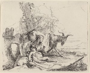 Kvinde, Satyrbarn og ged i et landskab af Giovanni Battista Tiepolo