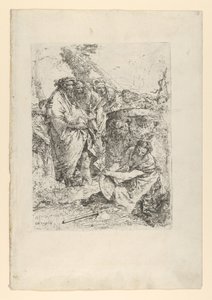 Kvinde knælende foran tryllekunstnere og andre figurer, fra Scherzi, ca. 1743-50. af Giovanni Battista Tiepolo