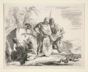 Ung soldat med filosof og siddende kvinde, fra serien Vari Capricci af Giovanni Battista Tiepolo