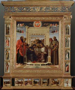 Altertavle Bellini: midterste del "" kroning af Jomfruen mellem Sankt Peter og Sankt Paul (til venstre) og Sankt Hieronymus og Sankt Francois af Assisi (til højre)"" Oliemaleri og remse af Giovanni Bellini (omkring 1432-1516) sagde il Giambellino. 1475 ca. af Giovanni Bellini