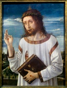 Christ Benching Maleri af Giovanni Bellini dit il Giambellino (1430-1516) 1460 Søn.0,58x0,46 m - Kristus velsignelse. Maleri af Giovanni Bellini kaldet Giambellino (1430-1516) 1460. 0,58 x 0,46 m. Louvre-museet, Paris af Giovanni Bellini
