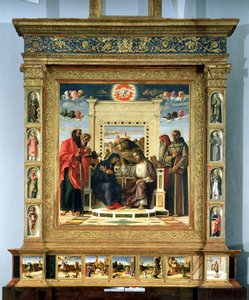 Jomfruens kroning med SS. Paul, Peter, Hieronymus og Frans af Assisi med scener fra de helliges liv i predella-panelet, kendt som Pala di Pesaro-altertavlen, ca. 1474 (olie på panel) af Giovanni Bellini