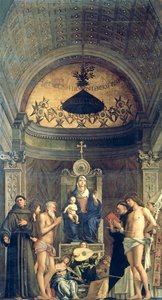 Madonna og barn troner mellem SS. Frans, Johannes Døberen, Job, Dominic, Sebastian og Louis (San Giobbe-altertavlen) ca. 1487 (for detaljer se 61101 og 276359) af Giovanni Bellini