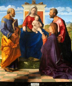 Madonna og barn på tronen med hellige og donor, 1505. af Giovanni Bellini