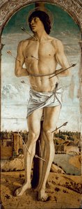 Polyptych of Saint Vincent Ferrier: Saint Sebastian (Polyptych of Saint Vincent Ferrer: Saint Sebastian) Maleri af Giovanni Bellini dit il Giambellino (ca. 1432-1516) 1464-1468 Dim 167x67 cm Venedig Church of Santi Giovanni e Paolo af Giovanni Bellini