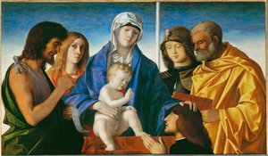Jomfru og barn med helgenerne Johannes Døberen, Magdalena, Georg og Peter ... af Giovanni Bellini