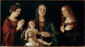 Jomfru med barn med den hellige Katarina og den hellige Maria Magdalena (tempera på panelet af Giovanni Bellini