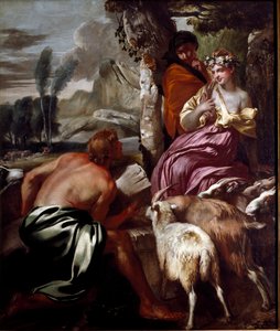 Jacob møder Rachel ved brønden Maleri af Giovanni Benedetto Castiglione dit il Grechetto (1610-1665) 1600-tallets gener, privat samling