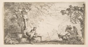 En satyr tilbagelænet ved foden af en statue af Priapus, geder til højre, ca. 1645-48. af Giovanni Benedetto Castiglione