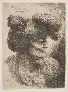 Buste af skægløs gammel mand i profil mod højre, fra serien af Small Head..., ca. 1645-1650. af Giovanni Benedetto Castiglione