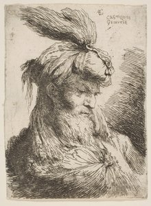 Hoved af en skægget mand med turban mod højre, fra serien af små hoveder..., ca. 1645-1650. af Giovanni Benedetto Castiglione