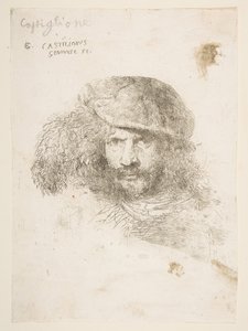 Head of a man wearing a feathered cap possibly Bernini, possibly a self portrait ..., ca. 1645-1650. dani af Giovanni Benedetto Castiglione