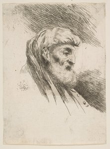 Hovedet af en gammel skægget mand vendt mod højre, fra serien af Small Heads in Orien..., ca. 1645-1650.