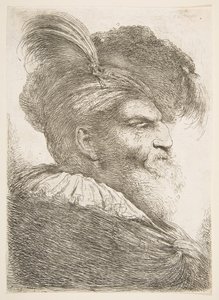 Hovedet af en gammel mand, der vender mod højre, fra serien af store orientalske hoveder, ca. 1645-1650. af Giovanni Benedetto Castiglione