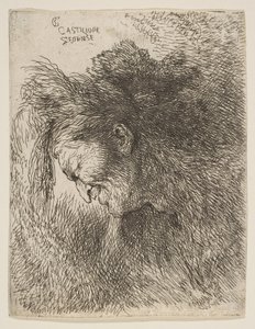 Hovedet af en gammel mand, der kigger ned, vender mod venstre, fra serien af små hoveder i ..., ca. 1645-1650.