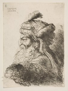 Hoved af en gammel mand med en turban til venstre, fra serien af Små hoveder i ..., ca. 1645-1650. af Giovanni Benedetto Castiglione