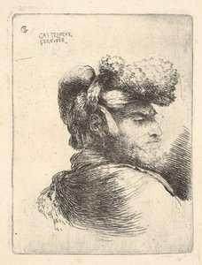 Mand i profil vendt mod højre, iført pelshat, fra serie af Small Heads i Or..., ca. 1645-1650. af Giovanni Benedetto Castiglione