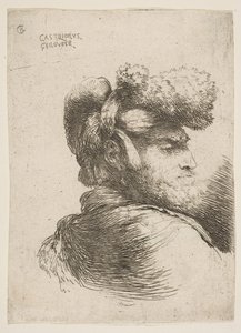 Mand i profil vendt mod højre, iført pelshat, fra serie af Small Heads i Or..., ca. 1645-1650.