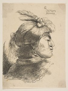 Mand iført en lille turban Oonamenteret med faner og bånd, højrevendt, fra ..., ca. 1645-1650. af Giovanni Benedetto Castiglione