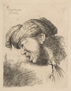 Mand iført turban, et slips fastgjort om halsen, vendt mod venstre, fra serien ..., ca. 1645-50. af Giovanni Benedetto Castiglione